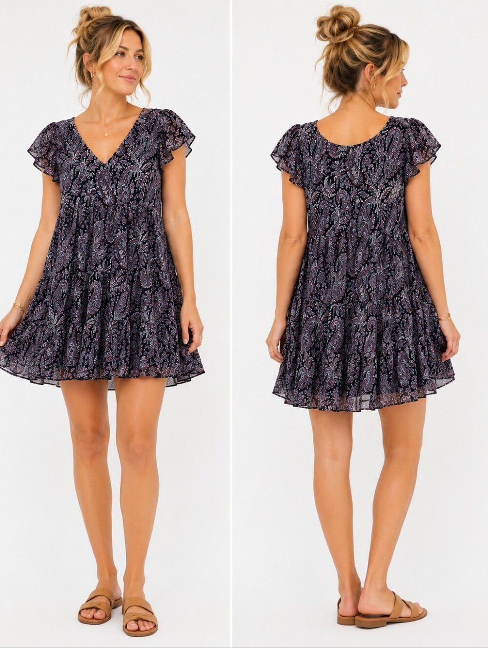 Little Moon Sol Paisley Plissé Mini Dress Flutter Sleeve V-Neck Lined Size S